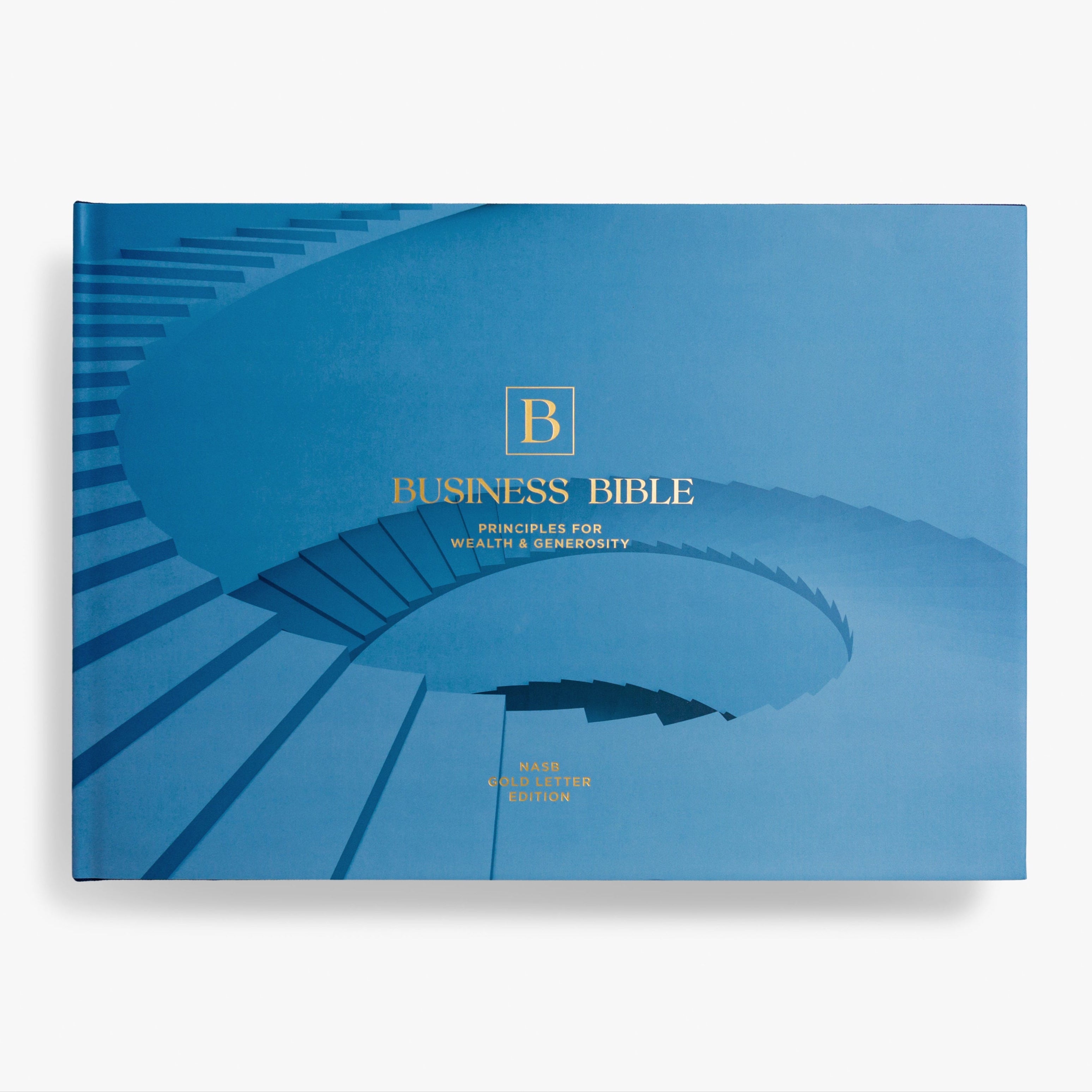 A coffee table book titled 'Business Bible' with a blue cover featuring an abstract image of a staircase in gold letters.